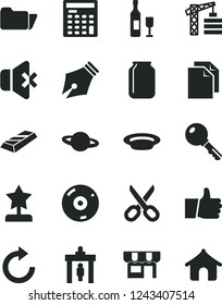Solid Black Vector Icon Set - scissors vector, clean paper, clockwise, tower crane, thumb up, key, no sound, kiosk, planet, plate, jar, engineer calculator, cd, folder, ink pen, star reward, wine