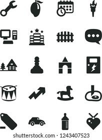 Solid Black Vector Icon Set - growth up vector, remove label, measuring bottle for feeding, small rocking horse, box of bricks, drum, dangers, fence, mango, retro car, speech, computer, repair, pawn