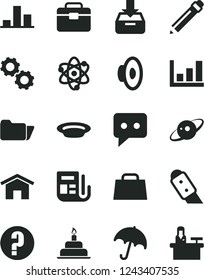 Solid Black Vector Icon Set - graphite pencil vector, loudspeaker, question, birthday cake, portfolio, knife, home, umbrella, put in a box, plate, chart, morning paper, hand bag, think, folder, atom