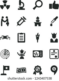 Solid Black Vector Icon Set - microscope vector, nuclear, zoom, pipette, oscilloscope, clipboard, radar, syringe, patente, resistor, flame torch, finger up, star cup, flag, medal, king, dollar, pin