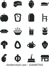 Solid Black Vector Icon Set - mug for feeding vector, a chair, cake, stick of sausage, cheese, slice, pie, porridge in saucepan, glass soda, strawberry, mint, sandwich, apple, raspberry, half medlar