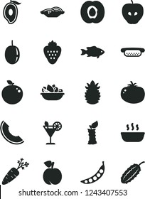Solid Black Vector Icon Set - mini hot dog vector, slices of onion, porridge, a plate fruit, tomato, fish, cocktail, strawberry, peach, half apricot, tasty apple, slice melon, mango, passion, stub