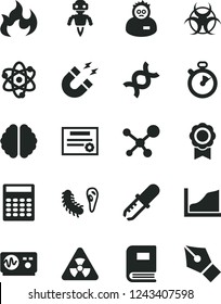 Solid Black Vector Icon Set - molecule vector, atom, nuclear, dna, brain, bactery, book, biohazard, pipette, oscilloscope, magnet, flame, scientist, calculator, growth graph, medal, robot, stopwatch