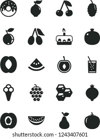 Solid Black Vector Icon Set - torte vector, glazed cake with a hole, glass of soda, cone, pear, honeycombs, cherry, half apricot, pomegranate, large grape, quince, cornels, medlar, blueberry, peach