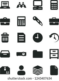 Solid Black Vector Icon Set - laptop vector, briefcase, folder, calculator, stationery knife, wall clock, pile, nightstand, drawer, cardboard box, portfolio, man, conversation, computer, trash bin