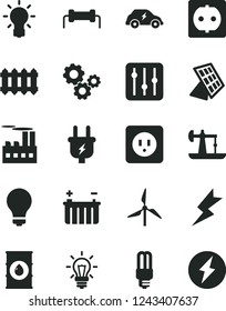 Solid Black Vector Icon Set - matte light bulb vector, power socket type b, lightning, new radiator, regulator, oil derrick, windmill, battery, plug, industrial building, mercury, electric transport