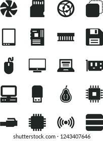 Solid Black Vector Icon Set - floppy disk vector, laptop, screen, copy, part of guava, computer, tablet pc, fan, radiator, mouse, motherboard, cpu, card, usb flash, network, lan connector, wireless