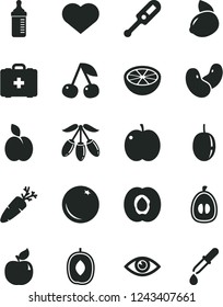 Solid Black Vector Icon Set - heart symbol vector, measuring bottle for feeding, electronic thermometer e, medical bag, eye, carrot, apple, orange, cherry, half apricot, goji berry, delicious plum