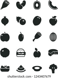 Solid Black Vector Icon Set - cheese vector, burger, lettuce in a plate, of milk, chicken thigh, grill leg, cabbage, blueberries, apple, red, medlar, mulberry, melon, slice, delicious plum, coconut