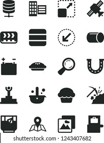 Solid Black Vector Icon Set - city block vector, left bottom arrow, picture, map, big data server, expand, cake, pie, a glass of tea, coal mining, accumulator, conveyor, pipe, metallurgy, magnifier