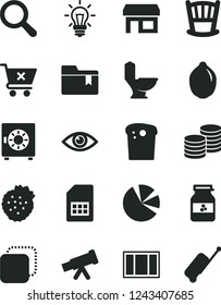 Solid Black Vector Icon Set - magnifier vector, folder bookmark, cradle, window frame, toilet, eye, strongbox, crossed cart, coins, copy, Easter cake, jar of jam, strawberries, lime, SIM card, stall