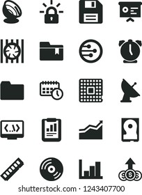 Solid Black Vector Icon Set - floppy disk vector, folder, negative histogram, bookmark, alarm clock, CD, processor, statistical report, agenda, financial, radiator fan, memory, hdd, network, coding