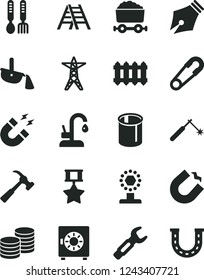 Solid Black Vector Icon Set - safety pin vector, iron fork spoons, ladder, new radiator, kitchen faucet, hammer with claw, strongbox, coins, power line, horseshoe magnet, pipes, welding, production