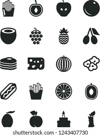 Solid Black Vector Icon Set - piece of cheese vector, Hot Dog, birthday cake, French fries, fried potato slices, popcorn, pancakes, orange, peach, large grape, tasty apple, cornels, water melon