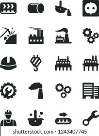 Solid Black Vector Icon Set - builder vector, hook, buildings, construction helmet, gear, coal mining, manufacture, factory, power socket, industrial building, enterprise, conveyor, production, pipe