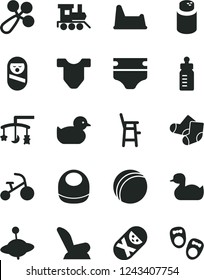 Solid Black Vector Icon Set - toys over the cradle vector, feeding bottle, diaper, powder, baby bib, Child T shirt, rattle, car seat, rubber duck, duckling, bath ball, Knitted Socks, roly poly doll