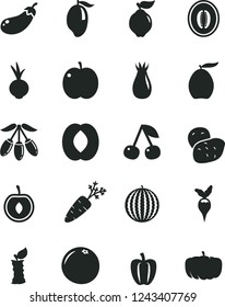 Solid Black Vector Icon Set - beet vector, cherry, apple, quince, rose hip, water melon, mango, loquat, goji berry, half peach, grapefruit, stub, Bell pepper, potato, carrot, eggplant, radish