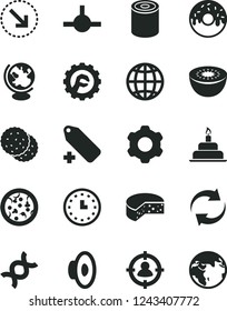Solid Black Vector Icon Set - renewal vector, loudspeaker, add label, birthday cake, cogwheel, star gear, earth, right bottom arrow, cheese, tin, pizza, glazed with a hole, biscuit, kiwi, wall watch