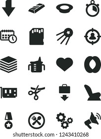 Solid Black Vector Icon Set - heart symbol vector, downward direction, measuring cup for feeding, car child seat, pile, a plate of milk, half peach, man in sight, gears, agenda, pc card, sd, cafe