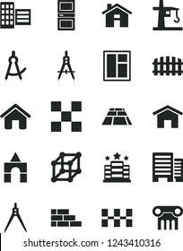 Solid Black Vector Icon Set - house vector, box of bricks, brick wall, window, interroom door, buildings, city block, tile, ceramic tiles, fence, paving slab, home, tower crane, Measuring compasses