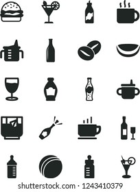 Solid Black Vector Icon Set - mug for feeding vector, measuring cup, bottle, bath ball, coffee, burger, beans, of tea, a glass, cocktail, soda, liquor, piece coconut, wine, champagne