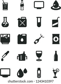 Solid Black Vector Icon Set - measuring cup for feeding vector, e, a glass of soda, tea, bottle, flask, oil, canister, drop, monitor, test tube, pipette, champagne, cocktail
