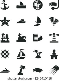 Solid Black Vector Icon Set - anchor vector, fish, sea port, lighthouse, planet, sand castle, sail boat, hotel, palm tree, starfish, flippers, diving mask, surfing, handwheel, jet ski, shark fin