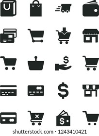 Solid Black Vector Icon Set - bank card vector, cart, put in, crossed, bag with handles, cards, kiosk, shopping, basket, reverse side of a, front the, denomination dollar, get wage, wallet
