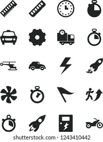 Solid Black Vector Icon Set - truck lorry vector, lightning, stopwatch, wind direction indicator, dangers, timer, car, delivery, marine propeller, retro, rocket, space, wall watch, memory