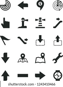 Solid Black Vector Icon Set - upward direction vector, downward, right, left, wind indicator, minus, index finger, map, move up, down, lighthouse, coastal, repair, radar, dollar pin, escalator