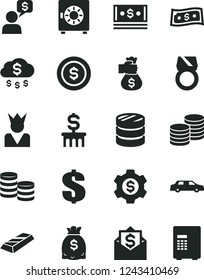 Solid Black Vector Icon Set - dollar vector, strongbox, coins, column of, dollars, cash, gold ring, bar, money bag hand, rain, coin, gear, king, limousine, mail, dialog, safe