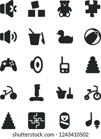 Solid Black Vector Icon Set - loudspeaker vector, rubber duck, baby bath ball, stacking rings, toy, roly poly doll, phone, sand set, children's, small teddy bear, cubes for children, child bicycle