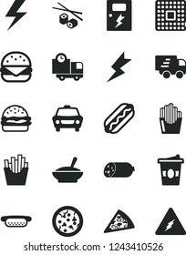 Solid Black Vector Icon Set - lightning vector, dangers, car, delivery, sausage, pizza, piece of, Hot Dog, mini, big burger, a bowl buckwheat porridge, French fries, fried potato slices, coffe to go