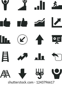 Solid Black Vector Icon Set - upward direction vector, downward, growth up, chart, positive histogram, winch hook, stepladder, ladder, left bottom arrow, thumb, move, bar, financial report, finger