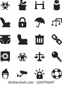 Solid Black Vector Icon Set - spectacles vector, scales, toys over the cot, nappy, powder, Baby chair, car child seat, winter hat, dust bin, lock, key, umbrella, strongbox, encrypting, biohazard