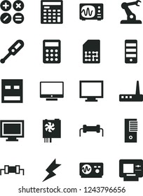Solid Black Vector Icon Set - monitor vector, window, electronic thermometer e, lightning, screen, math actions, assembly robot, SIM, calculator, engineer, pc power supply, tower, usb, router, atm