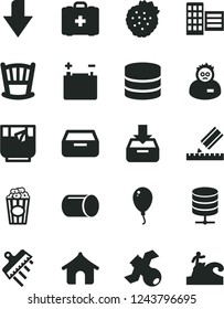 Solid Black Vector Icon Set - Downward Direction Vector, Cradle, Medical Bag, Balloon, City Block, Drawing, Spatula, Big Data Server, Put In A Box, Drawer, Cup Of Popcorn, Glass Tea, Strawberries