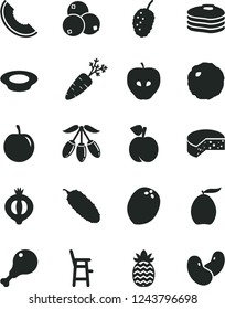 Solid Black Vector Icon Set - a chair for feeding child vector, cheese, plate of milk, chicken leg, cabbage, cucumber, pancakes, peach, tasty apple, half medlar, blueberries, mulberry, slice melon