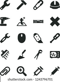 Solid Black Vector Icon Set - repair key vector, clip, zoom, cross, safety pin, electronic thermometer e, building trowel, adjustable wrench, cordless drill, level, construction helmet, spatula