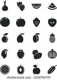 Solid Black Vector Icon Set - strawberry vector, peach, apple, half pomegranate, grape, tasty, blackberry, blueberry, mango, loquat, delicious plum, water melon slice, ripe, of passion fruit, onion