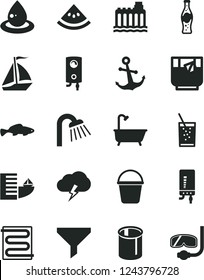 Solid Black Vector Icon Set - bucket vector, bath, shower, heating coil, boiler, electronic, anchor, storm cloud, small fish, a glass of soda, tea, bottle, slice water melon, hydroelectricity, pipes