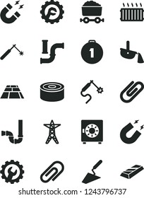 Solid Black Vector Icon Set - clip vector, trowel, siphon, gear, star, paving slab, strongbox, canned goods, water pipes, power line, welding, gas, steel production, aluminum radiator, magnet