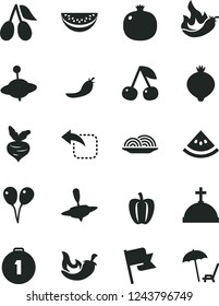 Solid Black Vector Icon Set - yule vector, small, colored air balloons, flag, move left, onion, chili, cherry, pomegranate, cornels, medlar, water melon slice, of, Bell pepper, red, hot, beet