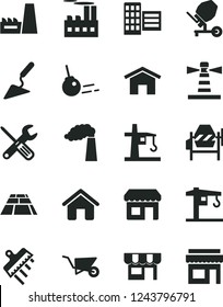 Solid Black Vector Icon Set - crane vector, house, building trolley, trowel, concrete mixer, small tools, city block, spatula, paving slab, core, home, kiosk, manufacture, industrial, tower, store