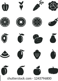 Solid Black Vector Icon Set - strawberry vector, squash, apricot, mulberry, mango, half of, loquat, ripe plum, lemon, kiwi, passion fruit, orange, guava, slice water melon, Bell pepper, potato