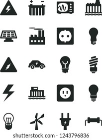 Solid Black Vector Icon Set - lightning vector, danger of electricity, saving light bulb, power socket type b, wind energy, battery, hydroelectric station, hydroelectricity, electric plug, transport