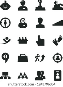 Solid Black Vector Icon Set - woman vector, women, funny hairdo, children's tracks, workman, index finger, court hearing, man in sight, goal, scheme, hand bag, conversation, scientist, winner podium