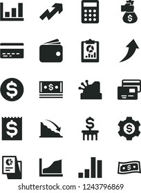Solid Black Vector Icon Set - bank card vector, growth up, cards, bar chart, recession, statistical overview, dollar, financial item, wallet, cash, research, calculator, cashbox, graph, arrow, gear