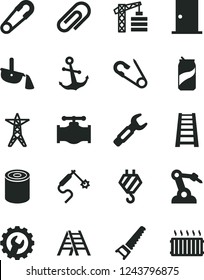Solid Black Vector Icon Set - clip vector, safety pin, open, tower crane, hook, hand saw, stepladder, ladder, ntrance door, gear, anchor, tin, soda can, valve, power line, gas welding, robot welder