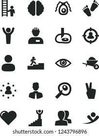Solid Black Vector Icon Set - women vector, children's tracks, workman, garden trolley, employee, heart, eye, man, in sight, brain, bactery, artifical insimination, carrer stairway, winner, hands up